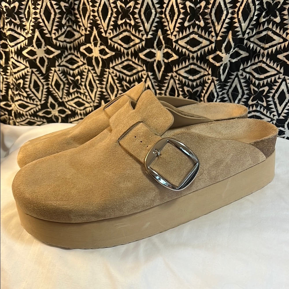Tan Suede Platform Clogs with Buckle
